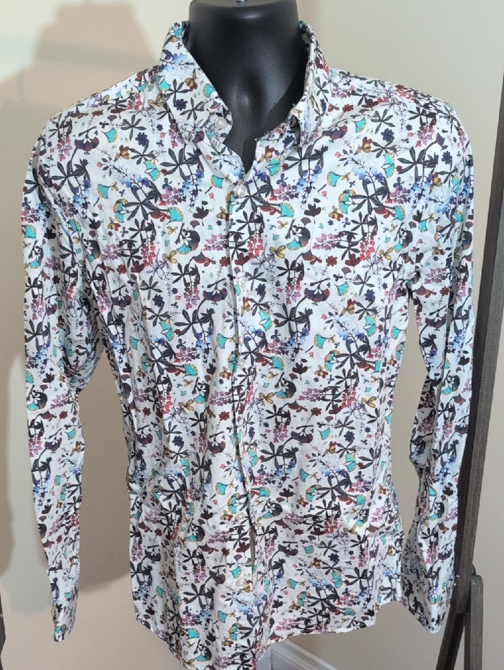 RW&CO | Men's Floral Bird Button-Up Shirt - White with Teal & Black Print